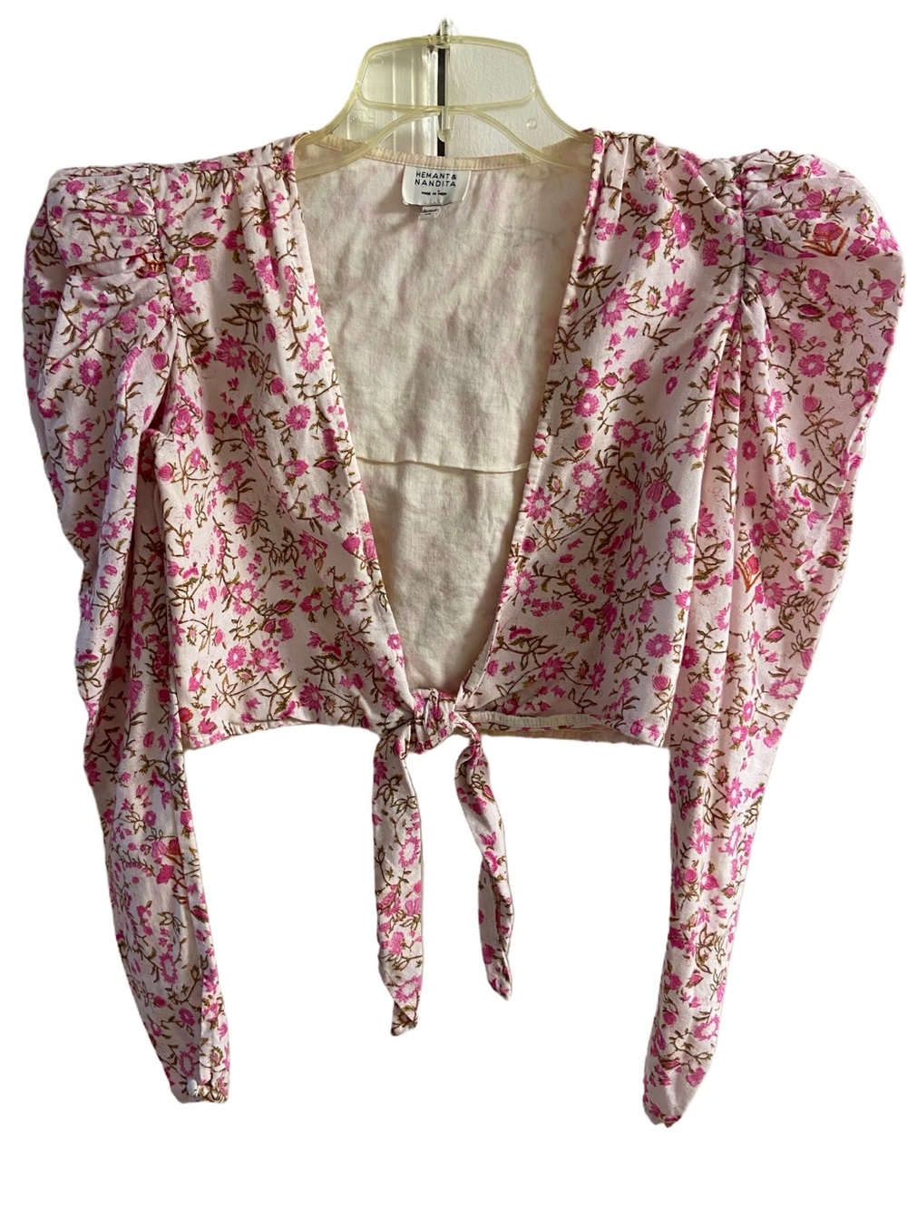 HEMANT & NANDITA Pink Floral Tie-Front Crop Top Bolero XS/S